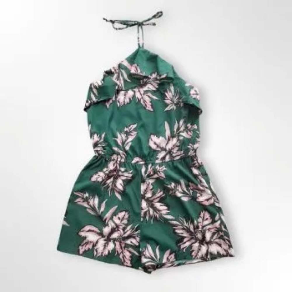Atmosphere Green and Pink Leaf Print Romper